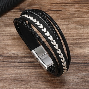 Black multi-layer braided leather bracelet for men with silver magnetic clasp and heart pattern