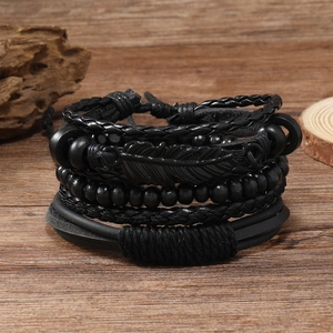 Vintage Men Braided Leather Bracelets Alloy Feather Pendant Retro Punk Adjustable Multi-layer Cord Wristband Jewelry Gift