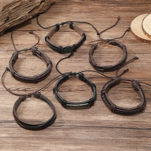 Retro 6-piece men's leather braided bracelet set with Peace Tree and I Jesus metal charms