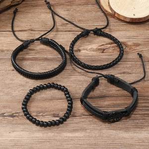 Retro multi-layer men's leather bracelet set with tree of life metal charm and black beads
