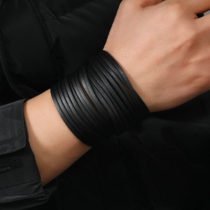 Men's dark style multi-layer black leather wrap bracelet with textured tassel detail
