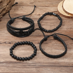 Vintage 4-piece men's leather bracelet set with musical note charm and braided beads