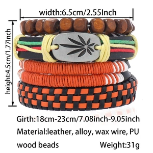 Detail of 4pcs set men's braided leather bracelets with leaf charm and wood beads