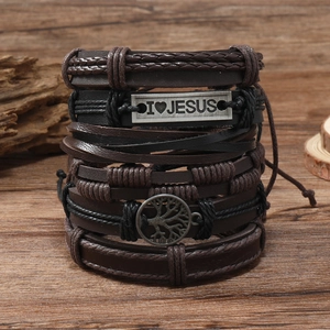 Vintage Men Leather Braided Bracelet Set Tree Of Life I Love Jesus Metal Plate Multilayer Brown Black Cord Wristband Jewelry