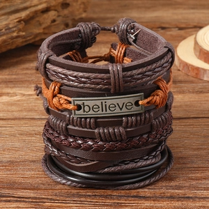 Vintage Unisex Leather Woven Bracelet Set Alloy Nameplate Believe Letter Charm Bohemian Punk Hand Jewelry Gift Set