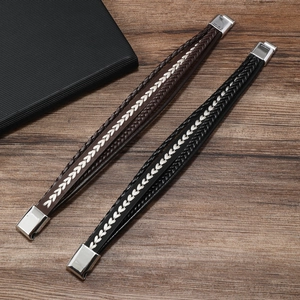 Men's multi-layer braided leather bracelets in black and brown with silver metal clasps