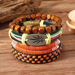 Vintage Men Braided Leather Bracelet Set With Wood Beads Alloy Leaf Charm Bohemian Ethnic Style Multi Layer Fashion Jewelry