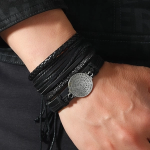 Men's multilayer leather braided bracelet with vintage silver compass and religious engravings