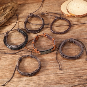 6pcs vintage leather woven bracelet set for men with 'Believe' engraved metal plate