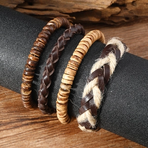 Men's retro four-piece bracelet set with wood beads, woven leather, and hemp ropes