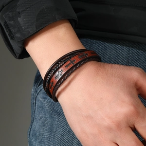 Men's retro multi-layer braided leather bracelet with embossed cross pattern details