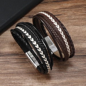 Men's Vintage Multi-layer Woven Leather Bracelet With Alloy Magnetic Clasp Wheat Grain Pattern Braided Cord Handcrafted Retro Jewelry