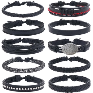 Ten-piece set of men's black braided leather bracelets featuring religious silver medallions
