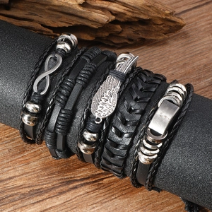 Lot de 5 bracelets pour hommes en cuir noir tressé avec aile d'ange et symbole infini