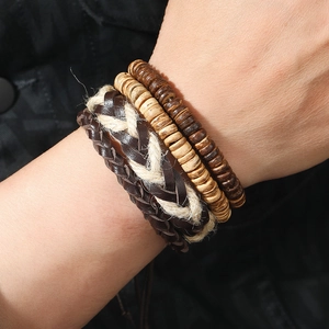Retro multi-layer men's bracelet set with coconut shells, leather, and hemp rope