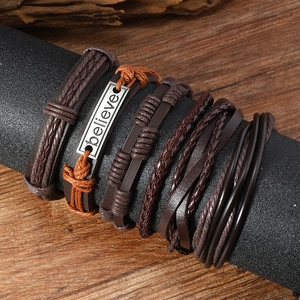 Retro multi-layer woven leather bracelet set for men featuring a Believe engraved metal plate