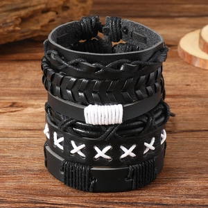 Men Multi-layer Woven Leather Bracelet Set Punk Vintage Black Adjustable Handmade Wax Cord Stackable Wrap Bracelet Jewelry Gift