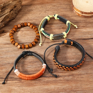 Men's bohemian multilayer leather bracelet set with hemp leaf metal plate and wooden beads