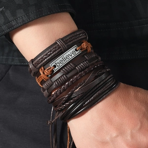 Retro multi-layer woven leather bracelet set for men featuring engraved believe metal plate