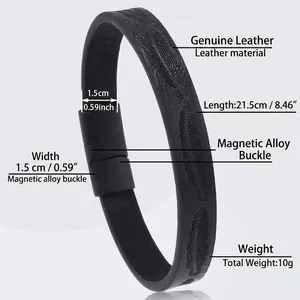 Detail view of 21.5cm black leather feather bracelet with 1.5cm width dimensions