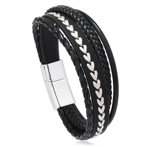 Multi-layer black braided leather bracelet for men featuring white heart stitching and silver magnetic clasp