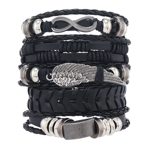 Set de bracelets multicouches en cuir pour homme avec symbole infini et ailes d'ange