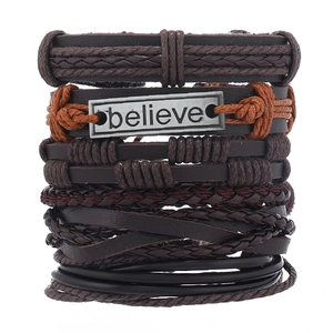 Retro multi-layer woven leather bracelet set for men with a Believe metal plaque