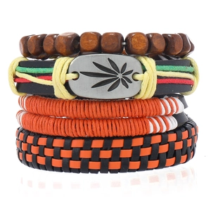 Men's 4pcs multi-layer leaf leather bracelet set with brown wood beads and hemp pattern