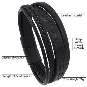 Mens multi-layer leather bracelet with hexagram pattern and magnetic clasp detail