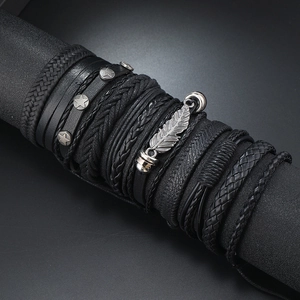 Men's multilayer leather bracelet set with vintage feather and star metal charms