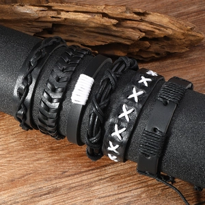 Men's multilayer black leather bracelet set with woven details and punk style