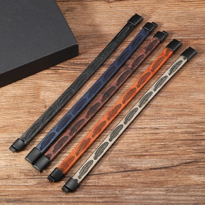 Detailed feather pattern embossed leather bracelets with black matte magnetic metal clasps