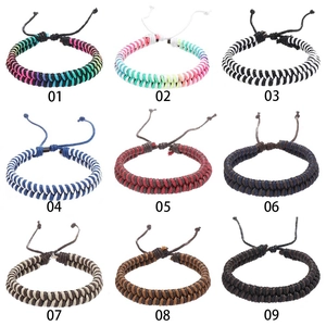Detailed 3x3 grid display of nine colorful handmade braided rope bracelets in various patterns