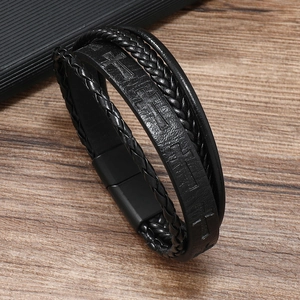 Men's retro black leather multi-layer woven bracelet with cross pattern and magnetic clasp