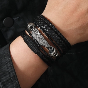 Men's retro black layered braided leather bracelet with silver feather and star charms