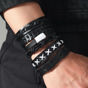 Men's 5-piece multilayer black braided leather bracelet set with punk stitch details