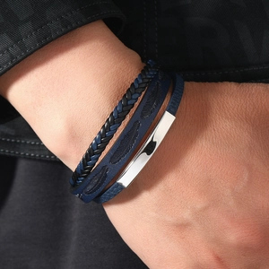 Blue leather feather pattern woven bracelet for men with silver metal accent band