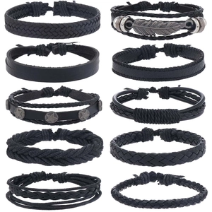 Set of 10 men's retro woven leather bracelets with alloy feather and star charms