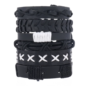 Men's multi-layer black braided leather bracelet set with cross-stitch and cord details