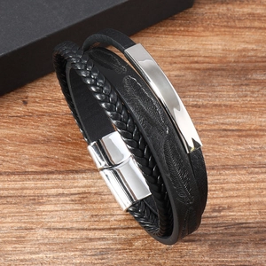 Men's multilayer leather braided bracelet with feather texture and silver magnetic clasp