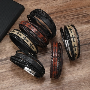 Vintage Multi Layer Woven Leather Cross Bracelet For Men Retro Punk Style Religious Jewelry Bracelet With Magnetic Buckle Gift