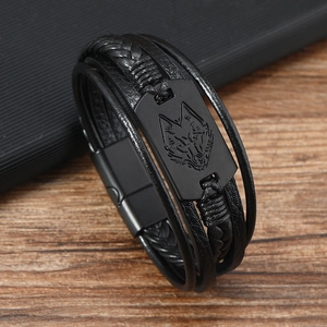 Bracciale multistrato in pelle da uomo con placca in metallo testa di lupo e chiusura magnetica