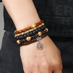 Retro multi-layer wooden bead and coconut shell bracelet with Tree of Life charm