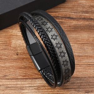 Men's retro layered leather bracelet with hexagram patterns and magnetic clasp