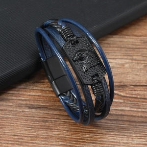 Men's multi-layer leather bracelet with eagle relief metal plate and magnetic clasp