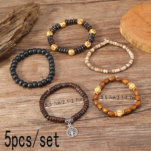 5pcs set vintage tree of life wood bead bracelets with cross and coconut shell accents