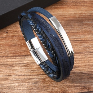 Men's multilayer braided leather bracelet with feather pattern and magnetic clasp