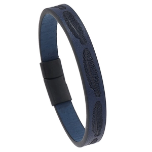 Macro shot of dark blue leather bracelet with feather texture and black magnetic clasp