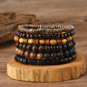 Set de pulseras étnicas retro para hombre con cuentas de madera de coco y piedra volcánica