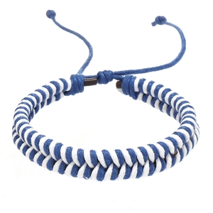 Handmade woven double-strand rope bracelet in navy blue and white with adjustable knot